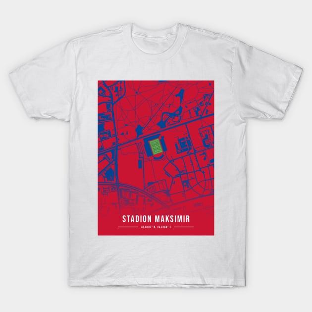 Maksimir Stadion Blue Map Design T-Shirt by TopFootballStadiums